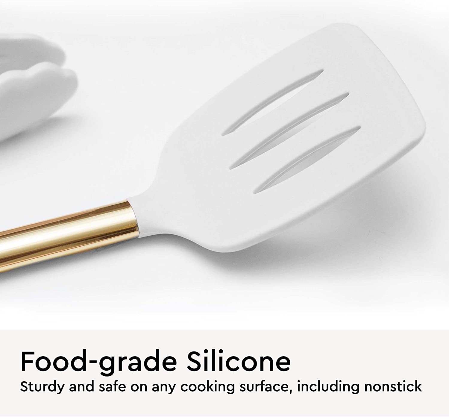 White Silicone and Gold Cooking Utensils Set with Gold Utensil