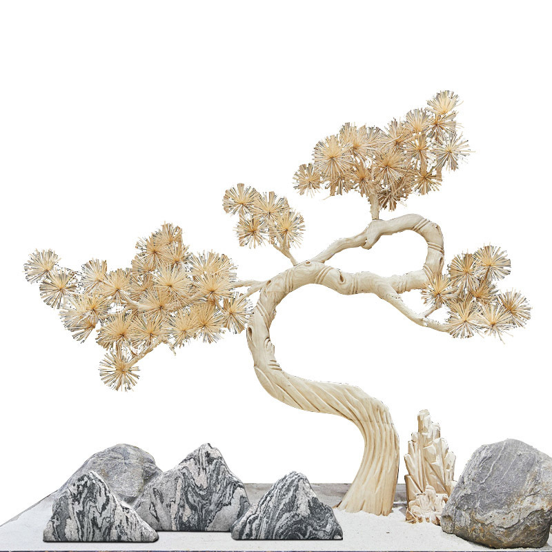 Simulated pine tree large solid wood decoration fake cedar masson pine wood carving high-end pine tree landscaping