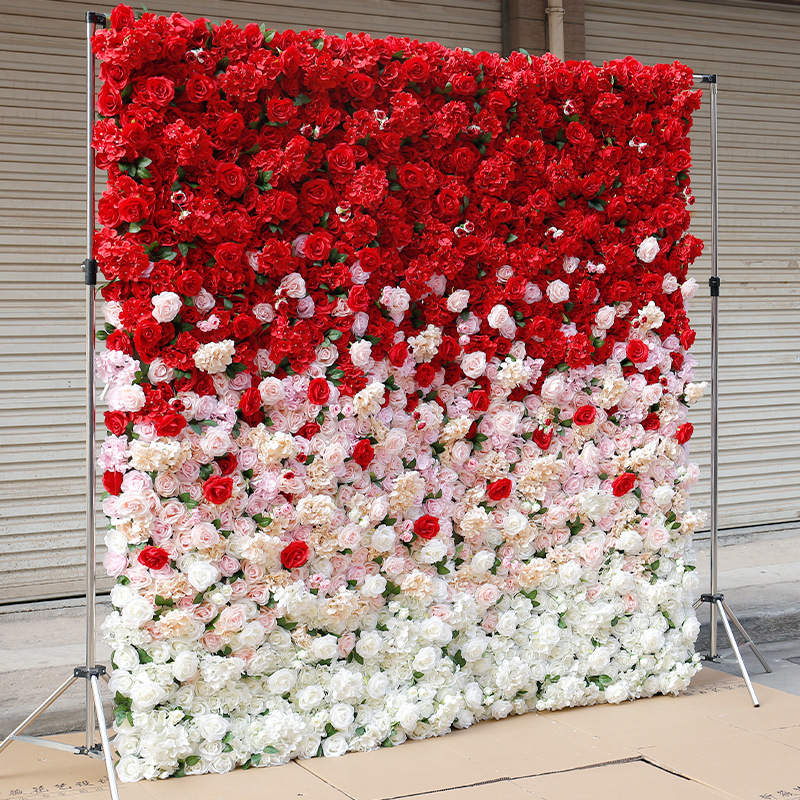 3D přechodová simulace pozadí květinové stěny, svatebních a svatebních dekoračních rekvizit na dně látky