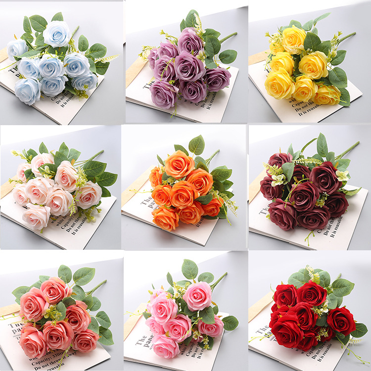 Pachet de trandafiri de toamnă europeană simulat cu 10 capete, vază de acasă, aranjament floral, țesătură de mătase, decorație florală