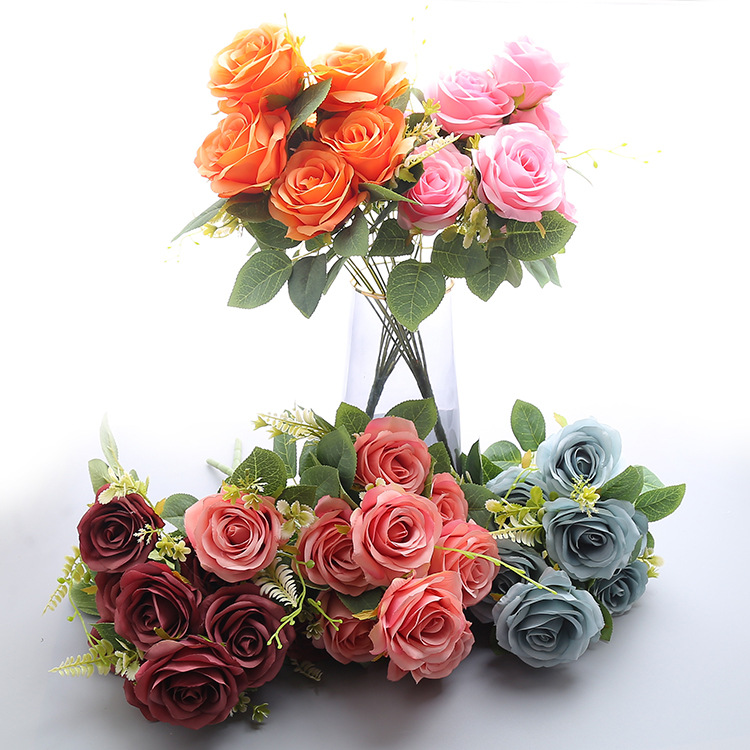 Simulated European Autumn 10 Head Rose Bundle Wedding Mall Home Vase Flower Arrangement Fake Silk Fabric Flower Decoration