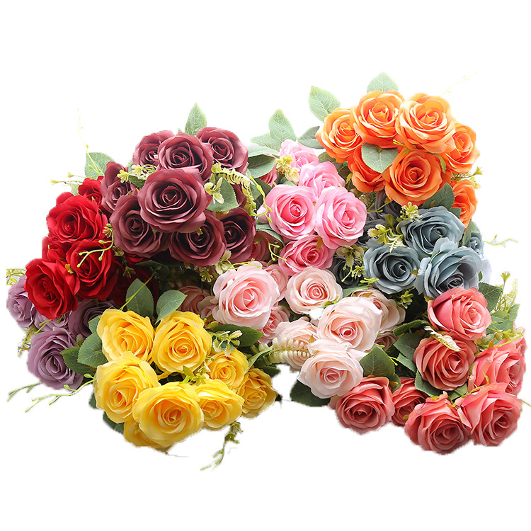 Simulated European Autumn 10 Head Rose Bundle Wedding Mall Home Vase Flower Arrangement Fake Silk Fabric Flower Decoration