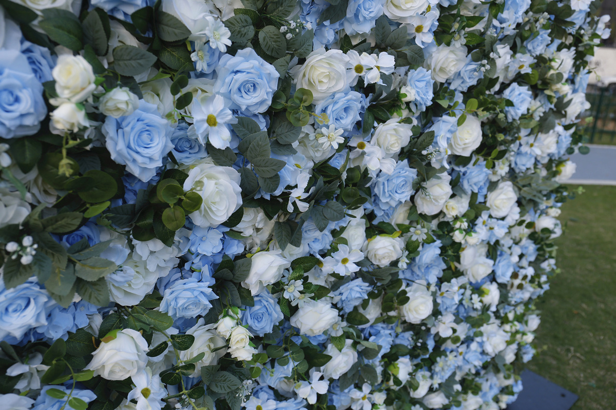 5D țesătură tridimensională de jos perete de flori perete de fundal albastru deschis trandafir perete de flori brodat minge