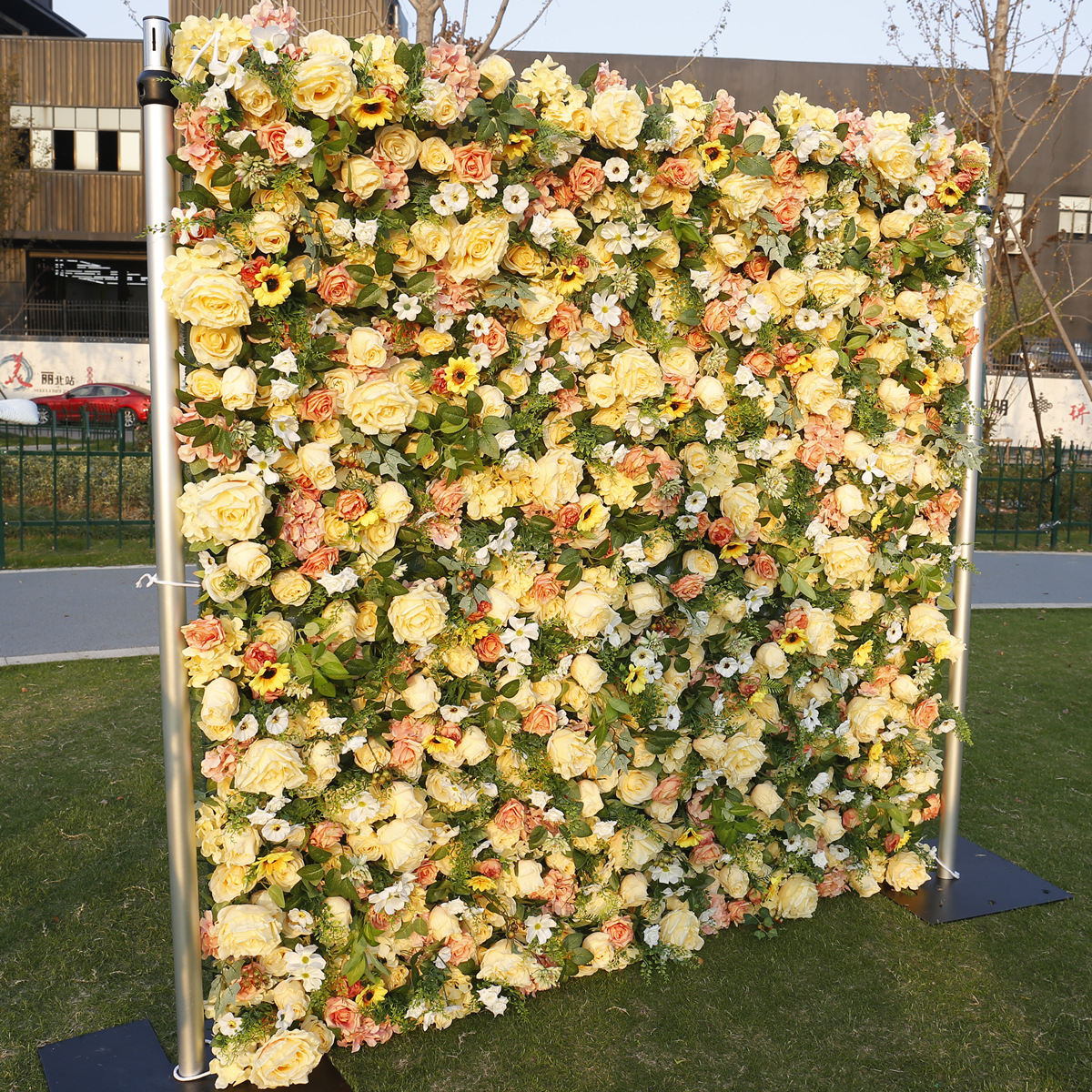5D țesătură de jos perete de flori de fundal, perete de fundal galben, decorațiuni de nuntă, perete de flori de nuntă, artă de flori