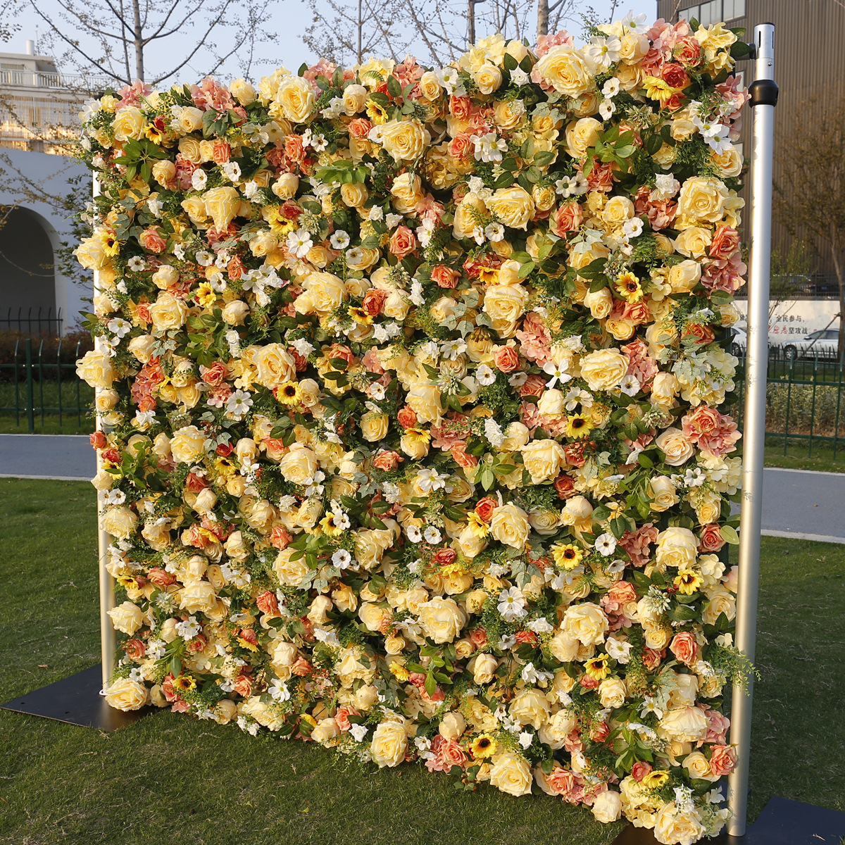 5Д ткаенини долен цветен ѕид во позадина, ѕид од жолта позадина, декорација на свадба, ѕид од свадбени цветови, цветна уметност