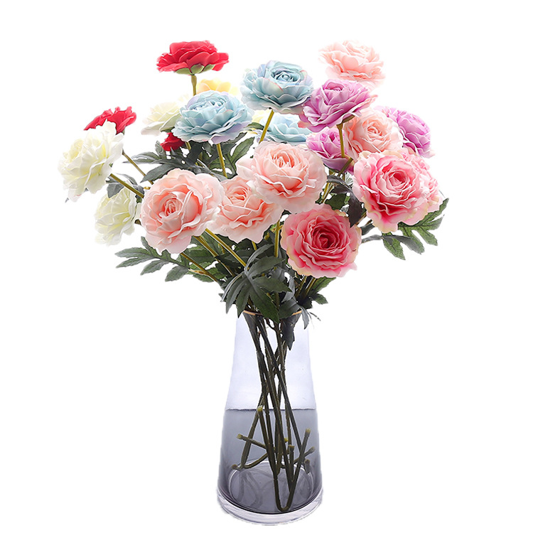 Симулирана 3-глава европейска ваза за букет от чаена роза и божур с аранжировка от единични цветя за декорация на дома