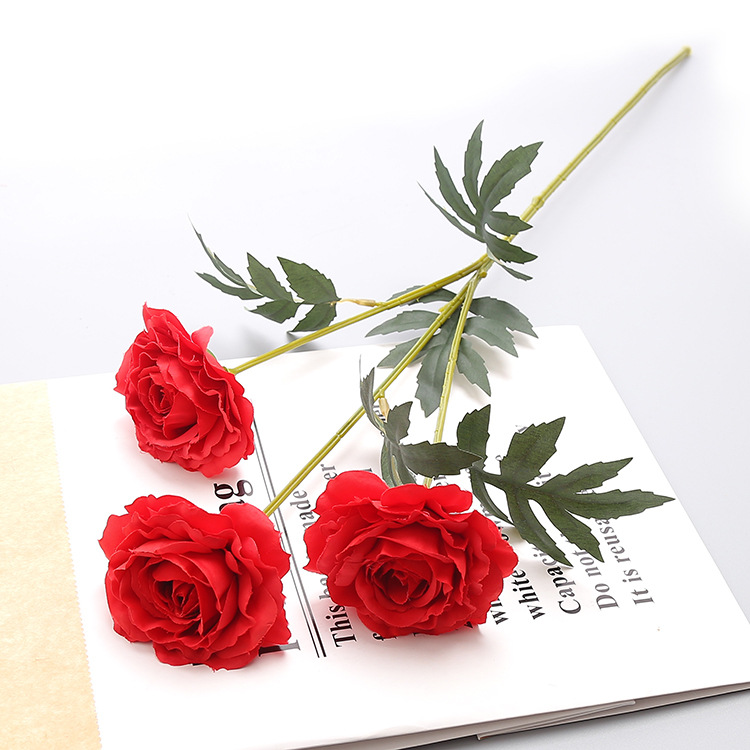 Simulated 3-head European tea rose peony bouquet vase with single flower arrangement for home decoration