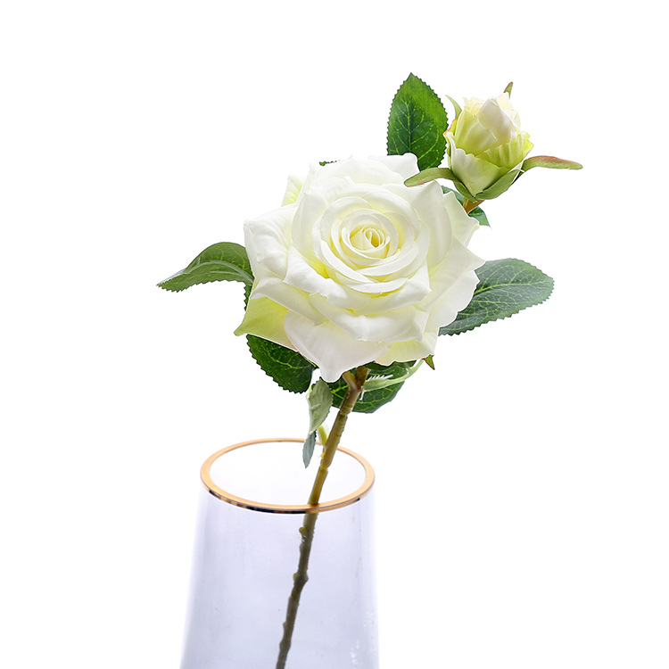 Artificial European style 2-head rolled edge single rose dining table wedding decoration fake flower branch