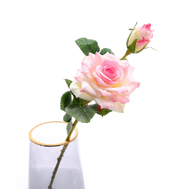 Artificial European style 2-head rolled edge single rose dining table wedding decoration fake flower branch