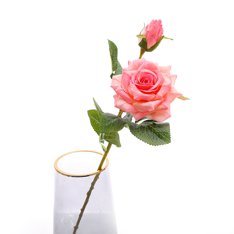 Artificial European style 2-head rolled edge single rose dining table wedding decoration fake flower branch