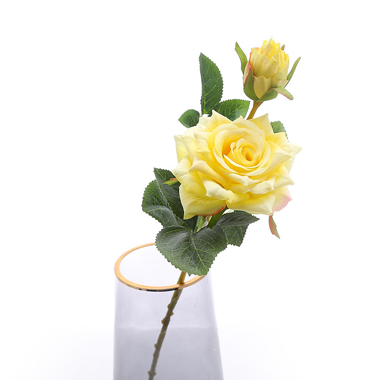 Artificial European style 2-head rolled edge single rose dining table wedding decoration fake flower branch