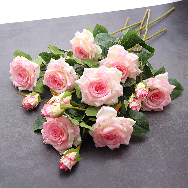 Artificial European style 2-head rolled edge single rose dining table wedding decoration fake flower branch