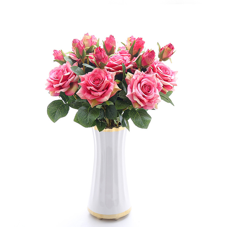 Artificiale stile europeo a 2 teste con bordo arrotolato singolo rosa tavolo da pranzo decorazione di nozze ramo di fiori finti