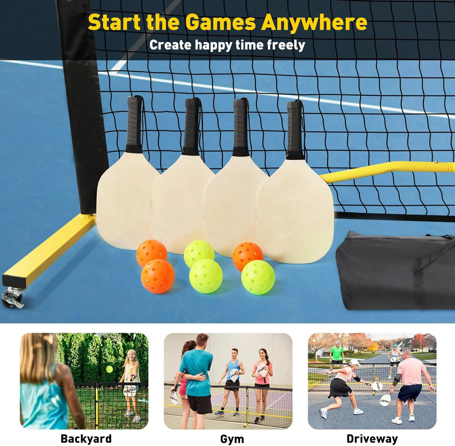 Pickleball Set with Net Wheels