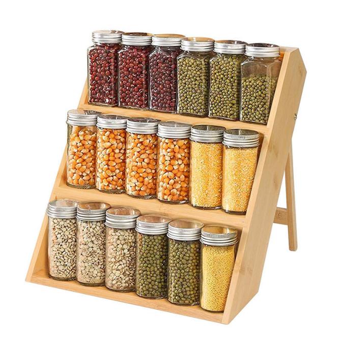  Spice Jars Storage Bamboo Stand 