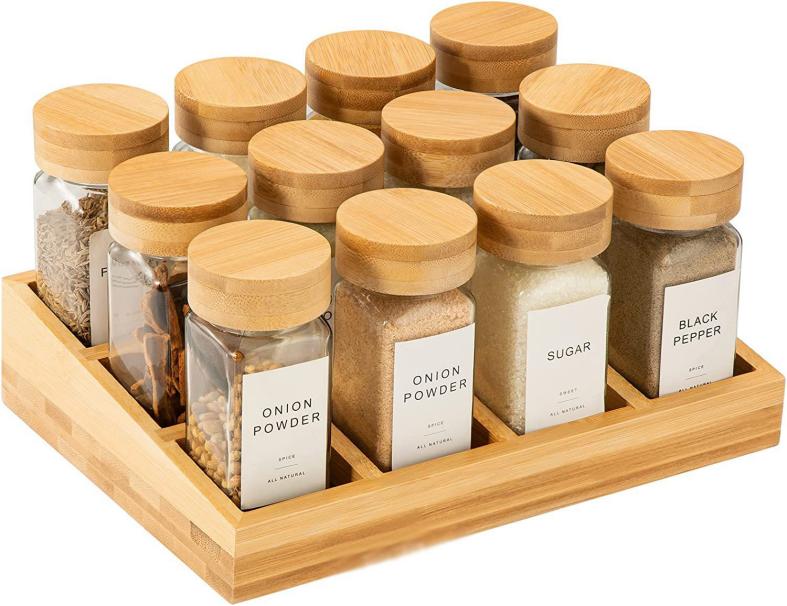 Spice Jars Storage Bamboo Stand 