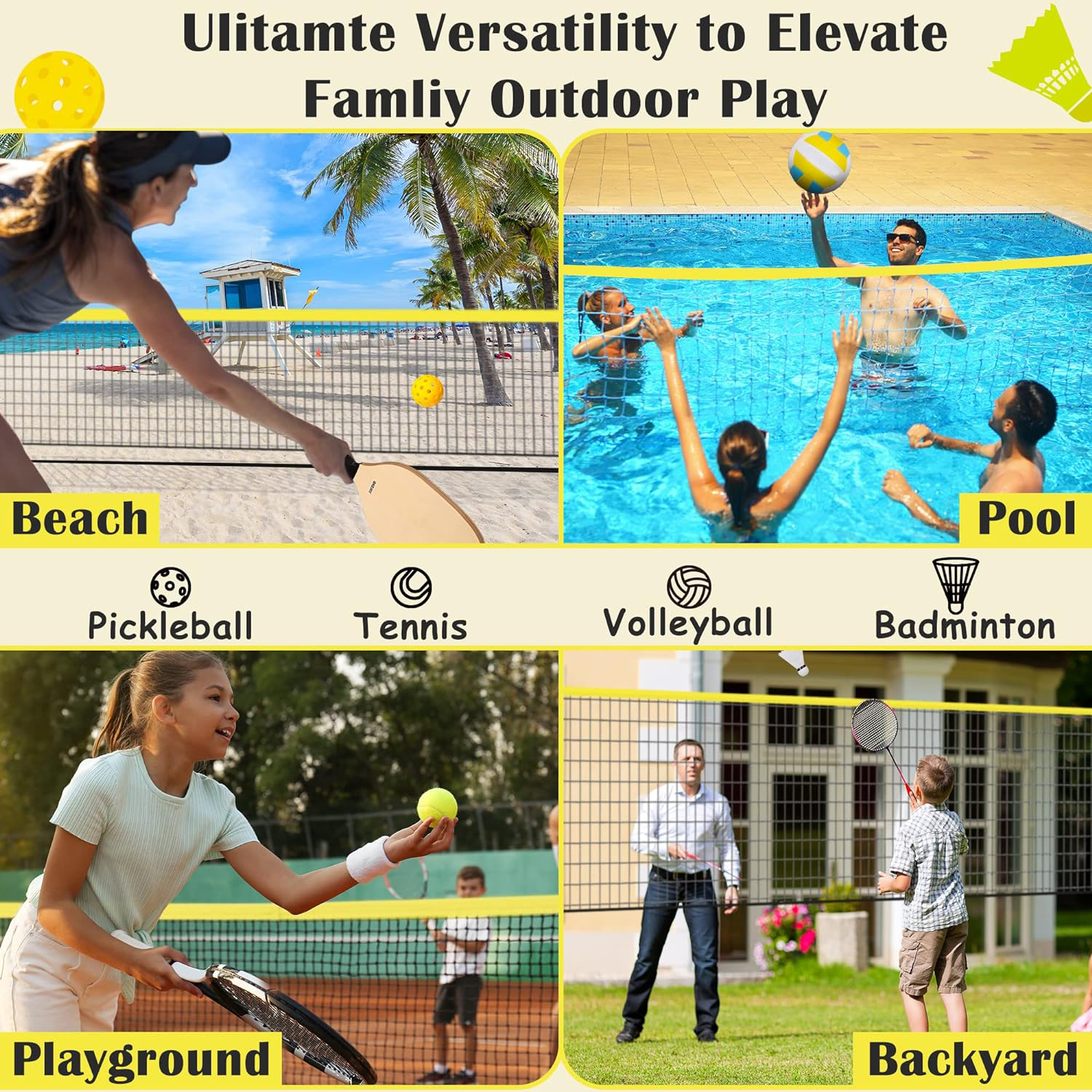  Pickleball & ကြက်တောင် Net Set 