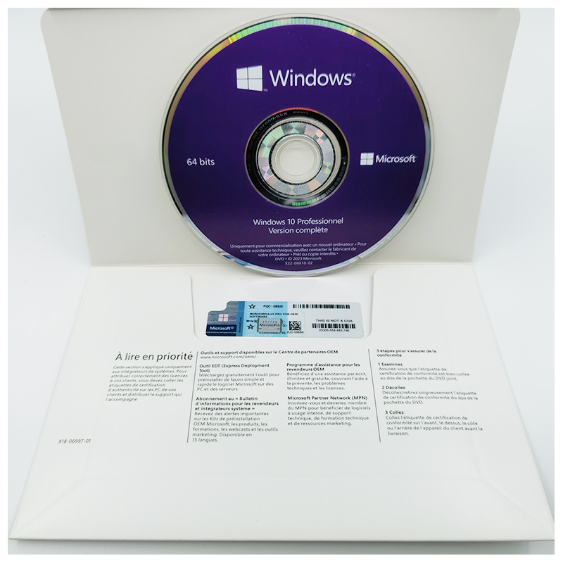 Microsoft Windows 10 Pro OEM DVD Full Package French Language Global Activation