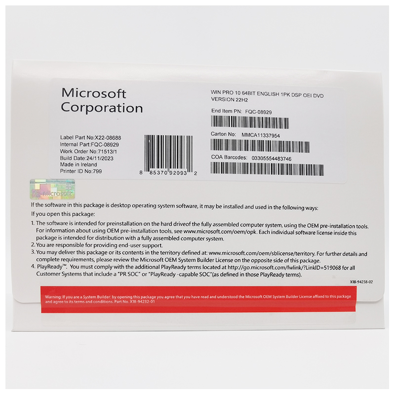 Microsoft Windows 10 Pro OEM DVD in Different Language for Option with Online Activation Key