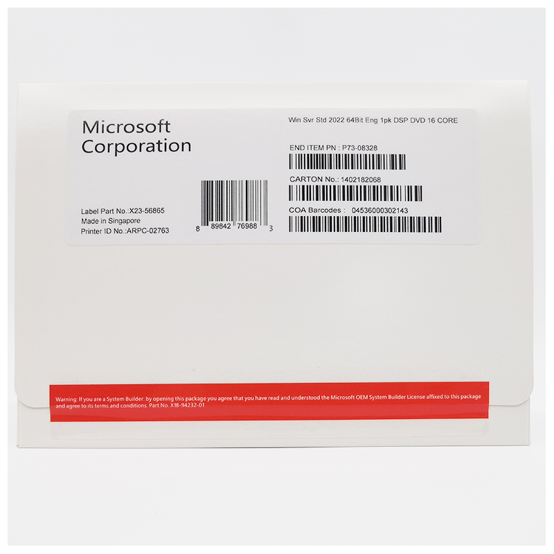 Microsoft Windows Server std 2022 64Bit Eng 1pk DSP DVD 16 CORE OEM Version With Original Activation Key Sticker