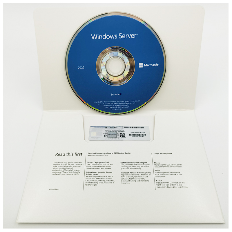 Microsoft Windows Server std 2022 64Bit Eng 1pk DSP DVD 16 CORE OEM Version With Original Activation Key Sticker