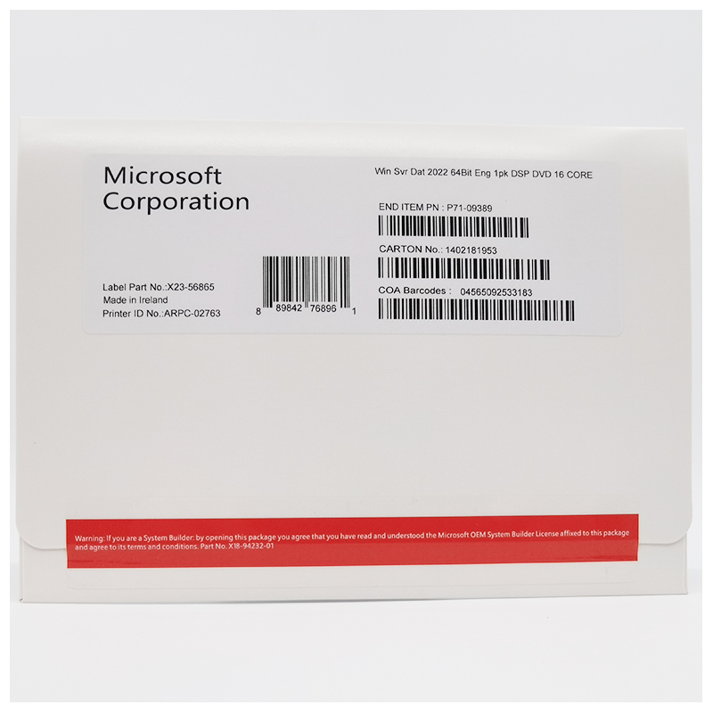 Microsoft Windows Server data 2022 64Bit Eng 1pk DSP DVD 16 CORE OEM bertsioa jatorrizko aktibazio-gako kodearekin