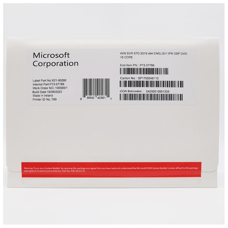Microsoft Windows Server 2019 표준 64비트 영어 1pk DSP DVD 16 코어 OEM 버전(원래 활성화 키 코드 포함)