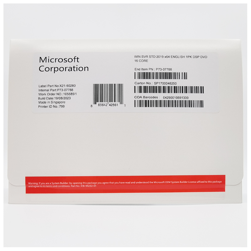 Microsoft Windows Server 2019 std 64Bit Eng 1pk DSP DVD 16 CORE OEM Version With Original Activation Key Code