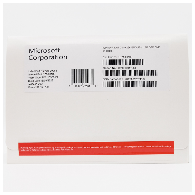 Microsoft Windows Server dat 2019 64Bit Eng 1pk DSP DVD 16 CORE OEM Version With Original Activation Key Code