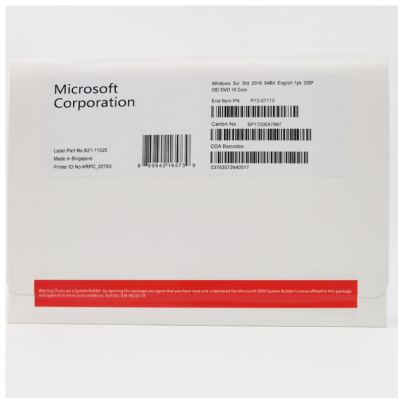 Microsoft Windows Server 2016 std 64Bit Eng 1pk DSP DVD 16 CORE OEM Version With Original Activation Key Code