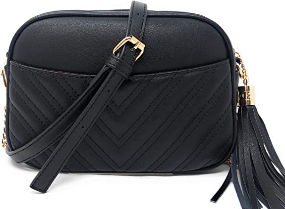  Женская сумка через плечо с черным полиуретановым ремешком и кисточкой 