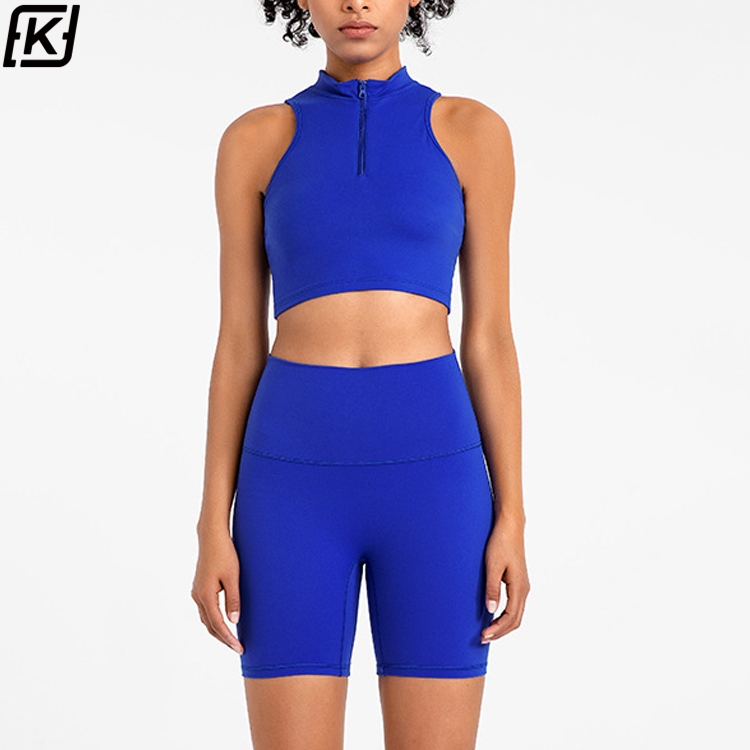 Women stand collar half zipper crop top with high shorts set