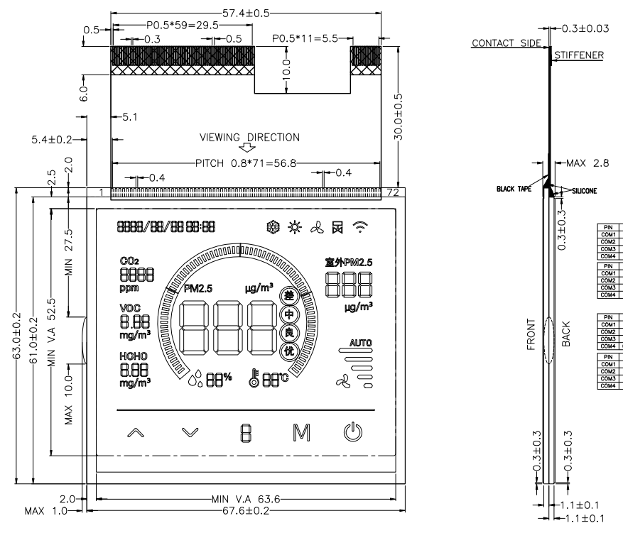 GY06254 VA LCD+FPC Segment BTN Color LCD Display For Air Detector