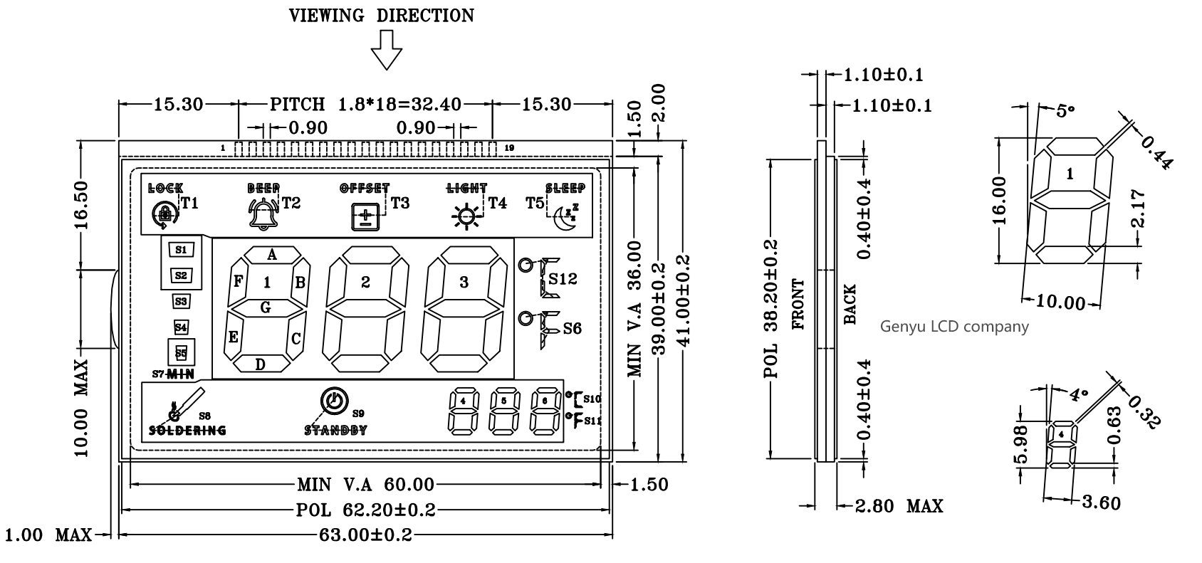 2.8 Inch HT1621 LCD VA Color With PCB Digit 7 Segment Display LCD Module