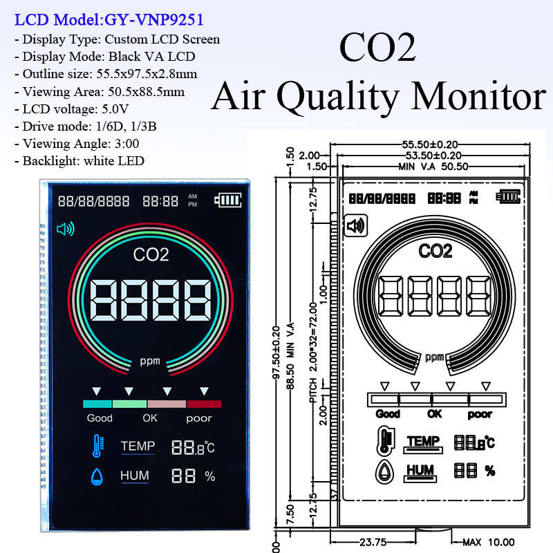 4 Inch Black Va Lcd Digit Custom LCD Glass 7 Segment LCD Display For Co2 Meter