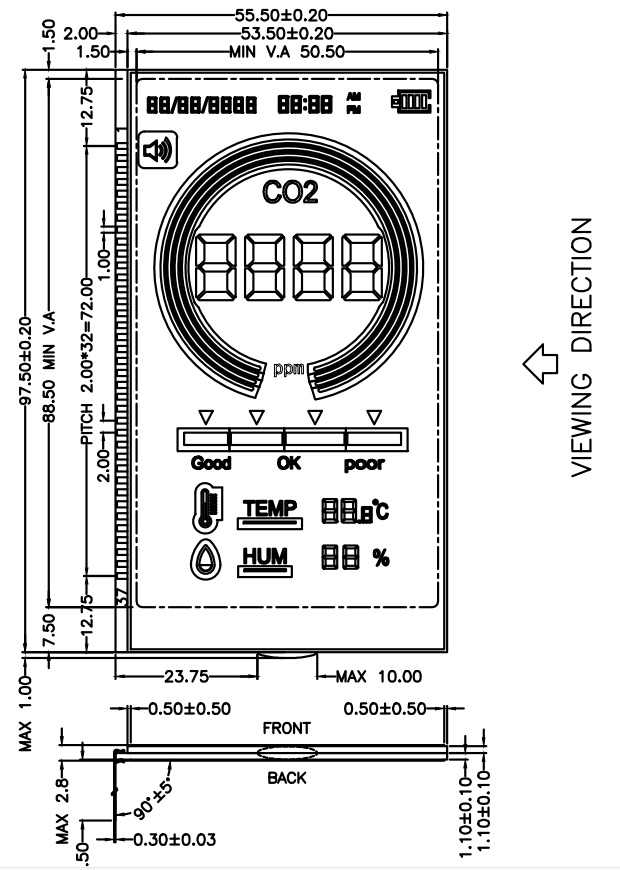 4 Inch Black VA Lcd Digit Custom LCD Glass 7 Segment LCD Display For Co2 Meter