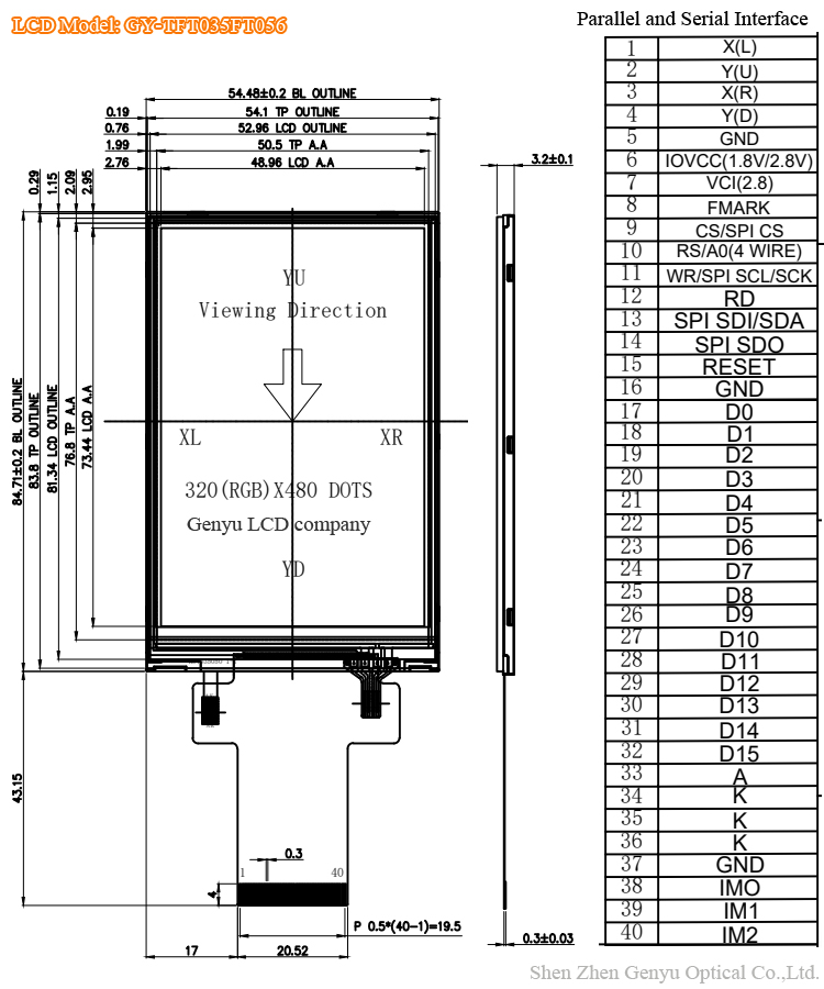 3.5" TFT ST7796 40pin Socket Fpc MCU 320x480 3.5inch tft lcd display