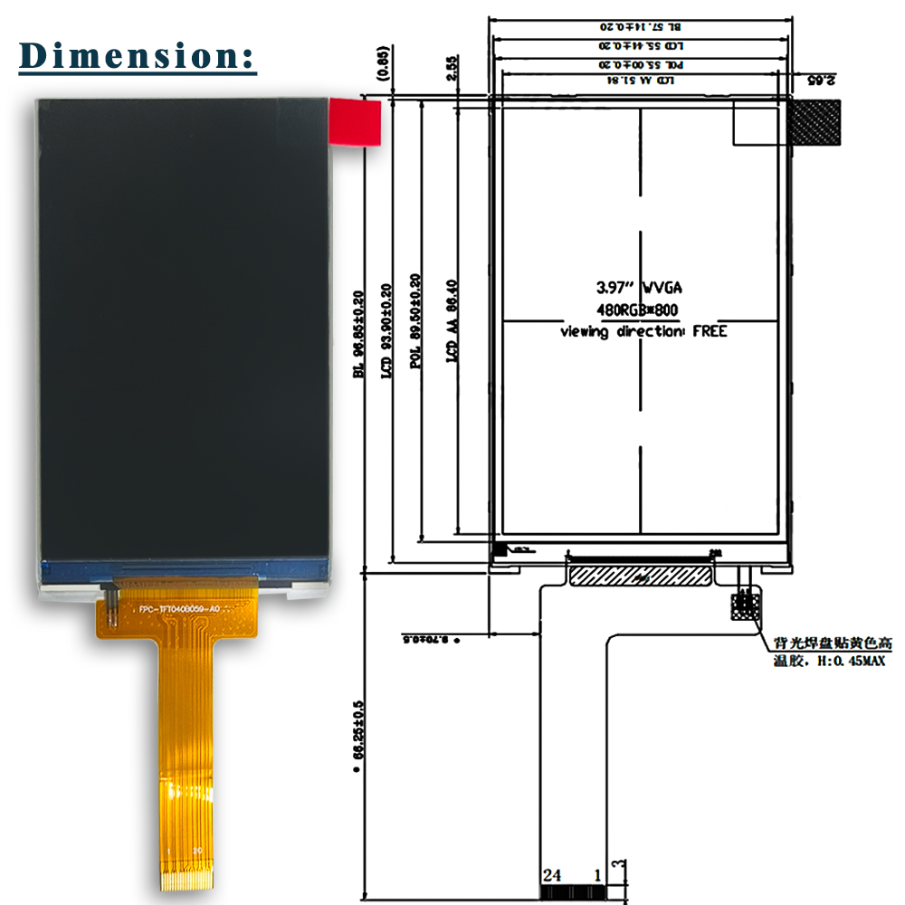 3.97 TFT Display 480RGBx800 LCD Module GC9503 MIPI TFT LCD