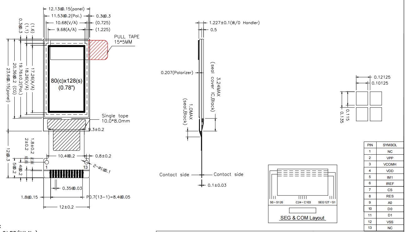 0.78 Inch 80*128 OLED Screen SH1107 Spi IIC White 0.78 OLED Display