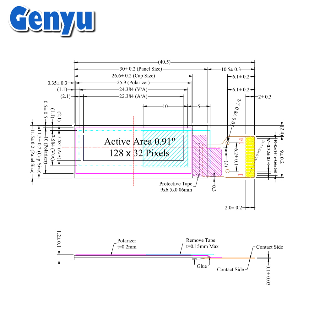 0.91 inch 12832 OLED SSD1306 14pin I2C 128x32 oled display 