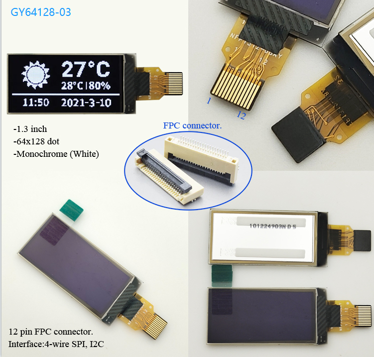 1.3 inch 64x128 OLED SSD1312 Drive 12pin FPC Spi I2C Interface White OLED display