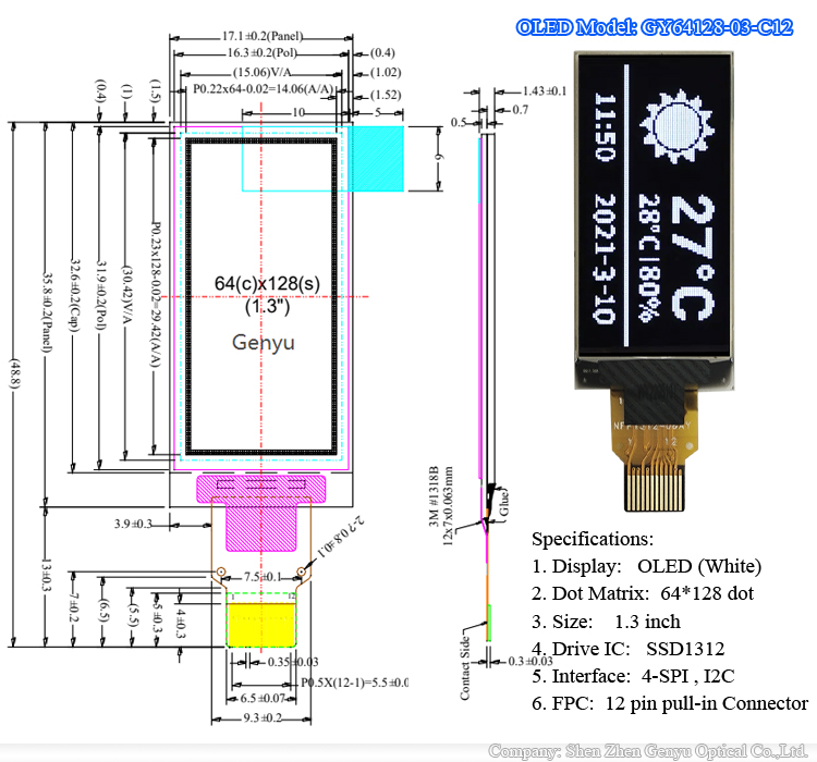 1.3 inch 64x128 OLED SSD1312 Drive 12pin FPC Spi I2C Interface White OLED display