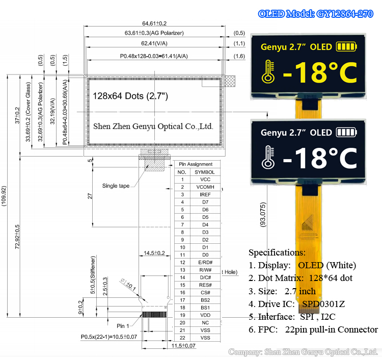 2.7" 128*64 OLED Monochrome White 22pin SPI/IIC SPD0301 OLED display