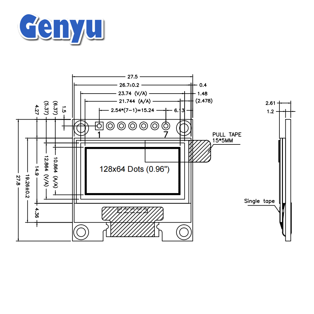 7 Pins SPI Interface 0.96 inch 12864 OLED Module with Board