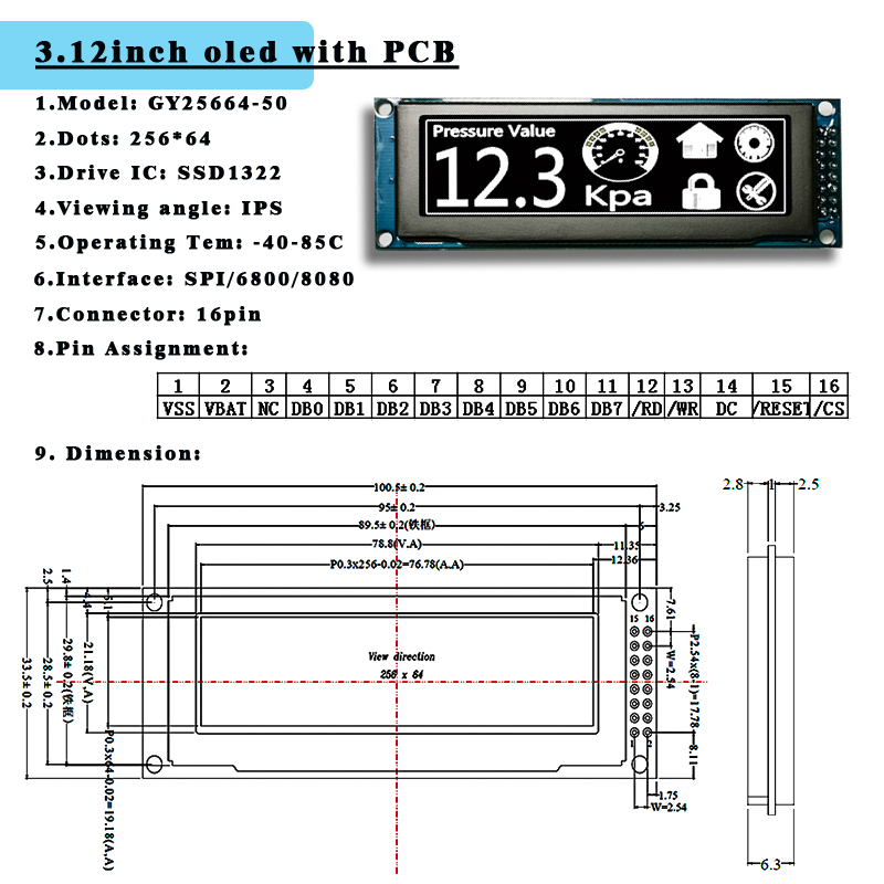 3.12" 256*64 Blue OLED SSD1322 Spi 3.12 Inch OLED Display Module