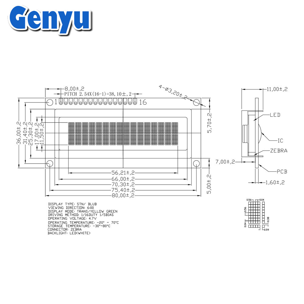 16x2 Character LCD GY1602A STN Y&G Positive Display LCD Screen Module 1602