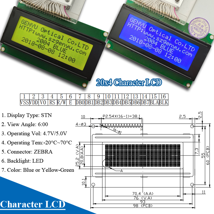 2004 Character STN Blue LCD 20x4 dots Monochrome LCD Display Module