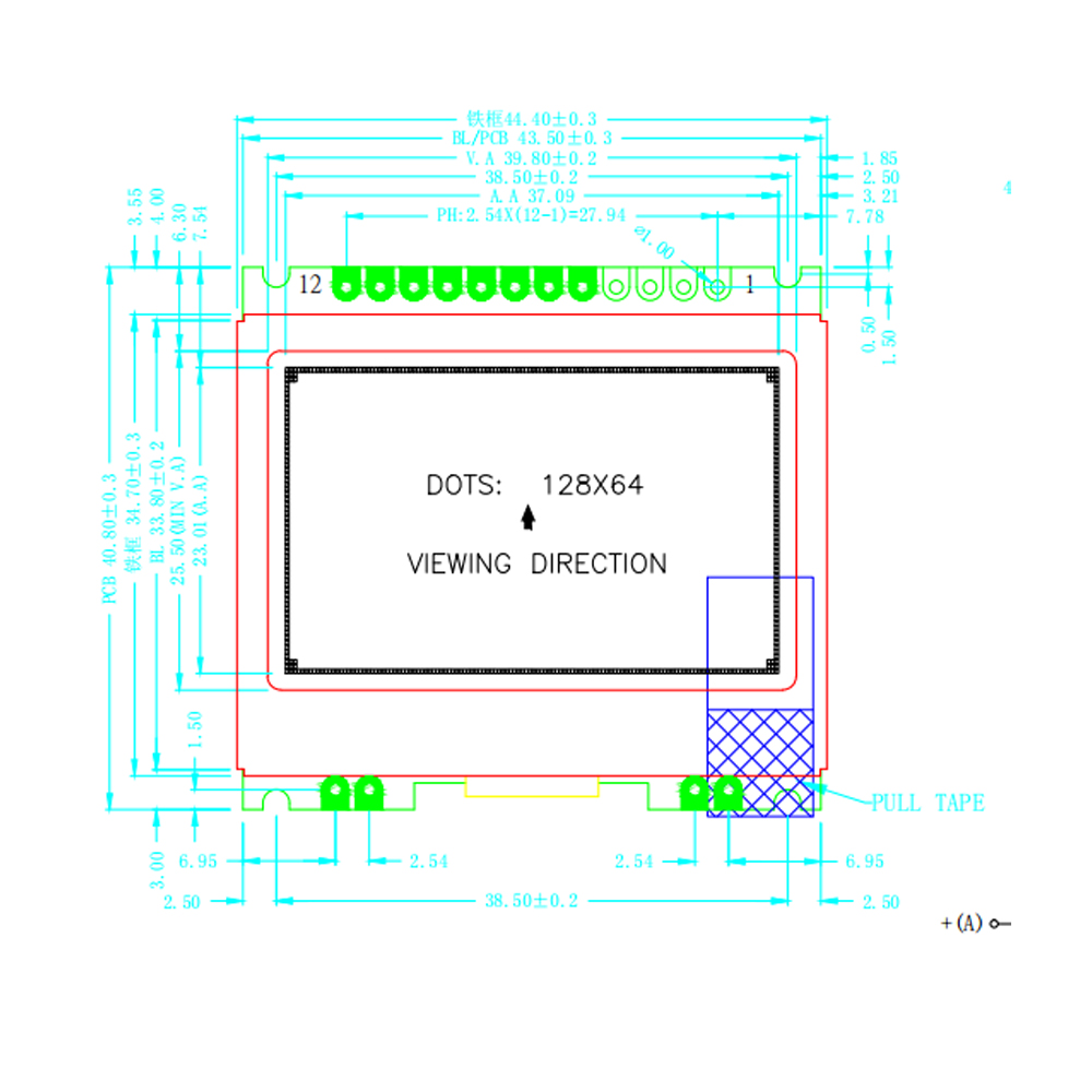 44x48mm Custom COB 128x64 Monochrome FSTN Positve 12864 LCD Display Module