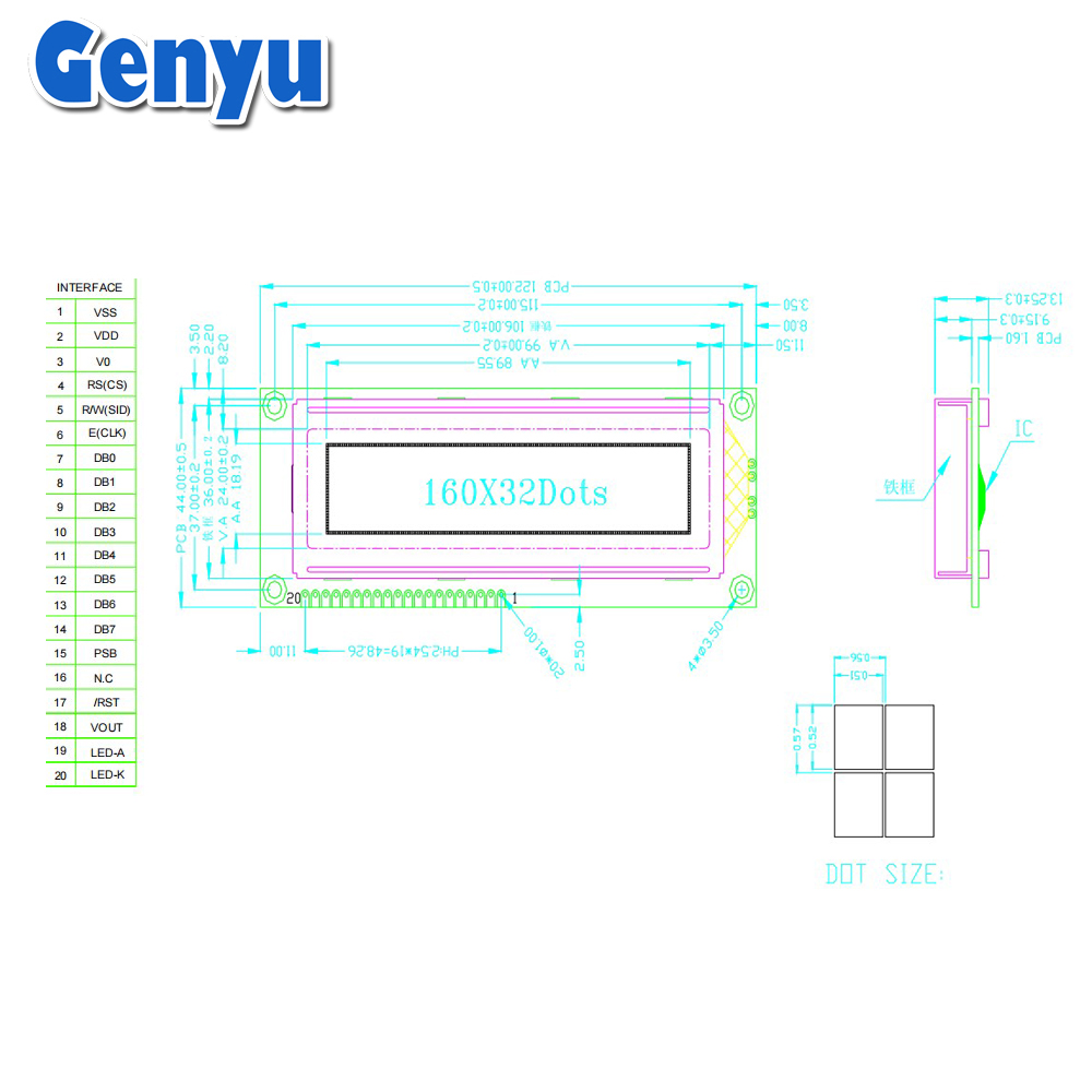 122x44 mm 160x32 Dot COB LCD Screen STN Blue 16032 LCM Display Module