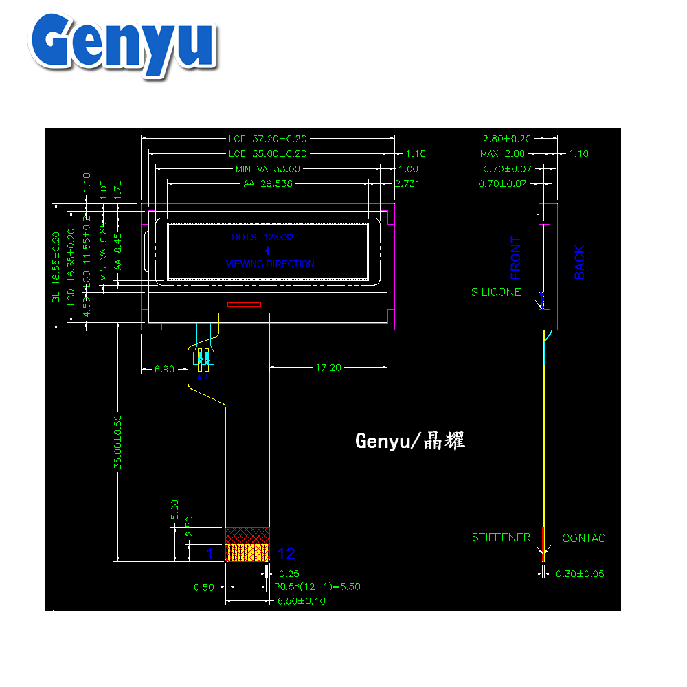 Genyu 1.2 Inch 128x32 LCD ST7567 Drive Spi LCD Graphic Display Supplier